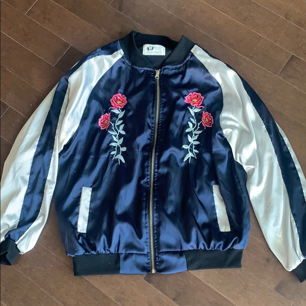 Floral Embroidered Satin Varsity Bomber Jacket